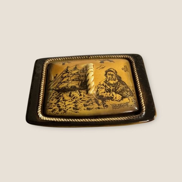 Vintage Nautical Ceramic Trinket Box With Sailor & Ship Illustration 7.7"x5" Bro - Picture 5 of 11